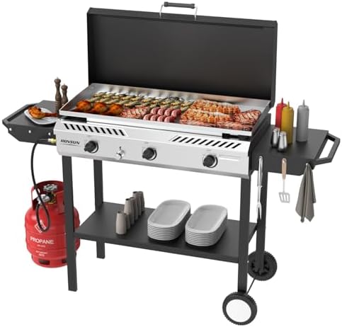 ROVSUN 2-in-1 Propane Stove & 33'' Griddle Combo with Ignition, 3 Burner 225,000 BTU Gas Stove & Grill with Side Shelves, Rolling Wheel & Regulator for Home Outdoor Backyard Camping Cooking Grilling by ROVSUN