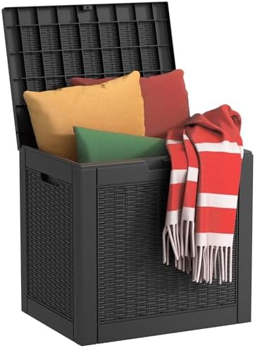 31 Gallon Waterproof Resin Deck Box, UV Resistant Outdoor Storage for Garden, Patio, Porch, Delivery（Rattan Black，31 Gallon） by KFY
