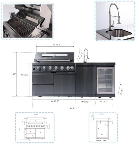82 Inch Natural Gas Outdoor Kitchen Island with Grill - 6-Burner 85000 BTU, Height-Adjustable Infrared Rear Burner, Sink/Wine Cooler, Granite Countertops & Rotisserie Kit, For Patio, Lawn, Backyard - Image 2