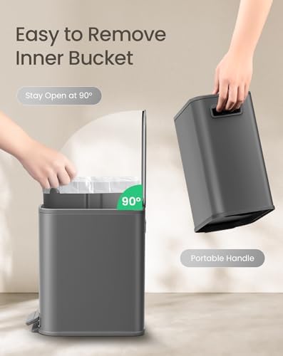 Cesun Small Bathroom Trash Can with Lid Soft Close & Pedal, 1.3 Gal, Gray - Image 5