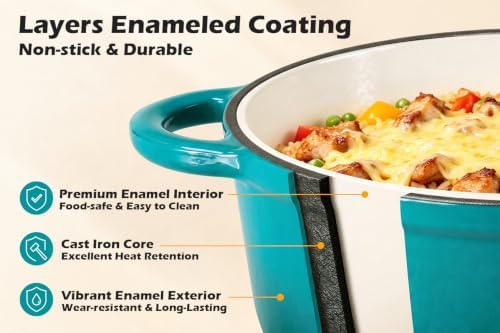 Leonyo 2-Quart Small Enameled Cast Iron Dutch Oven Pot with Lid, Lake Green - Image 3