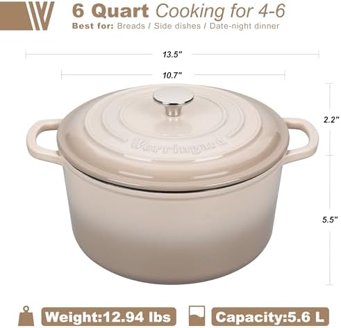 VORRINGARD Enameled Cast Iron Dutch Oven Pot with Lid, for Sourdough Bread Baking, Round Dutch Ovens, 6 Quart, Latte - Image 2