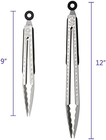 304 Stainless Steel Kitchen Cooking Tongs, 9" and 12" Set of 2 Sturdy Grilling Barbeque Brushed Locking Food Tongs with Ergonomic Grip, Black - Image 4