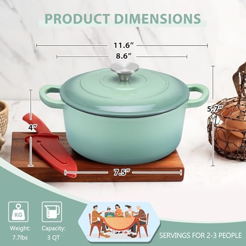 E-far 3 Qt Enameled Cast Iron Dutch Oven with Lid, Small Round Nonstick Dutch Oven Pot for Bread Baking Braising Stews Roasting Cooking, Heavy Duty, Induction & Oven Safe - Sage Green - Image 2