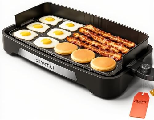 Cleansnap Everyday Electric Griddle, 20” Nonstick Grill with Foldable Anti-Mess Shield, 1700W Fast Heating, ILAG Ultimate Coating, Dishwasher-Safe Removable Plate, Midnight Black by senschef