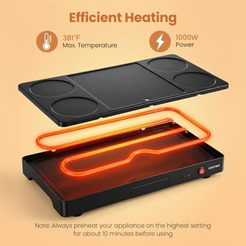 COSTWAY Electric Griddle Grill, 4 Nonstick Woks Teppanyaki Griddle, 1000W - Image 6