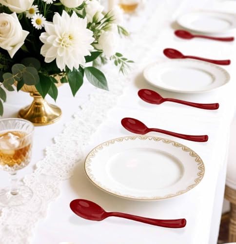 SietDESEO 25 PCS Burgundy Plastic Spoons Disposable Utensils Heavy Duty Burgundy Spoons Disposable Cutlery for Birthday Wedding Baby Shower Bridal Shower Plastic Silverware - Image 6