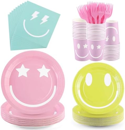 Kochorie 144 Pcs Preppy Smile Party Tableware Supplies, Disposable Paper Plates Napkins Cups Forks Set, Serves 24 Guests for Smile Face Theme Baby Shower Birthday Party Decorations by Kochorie