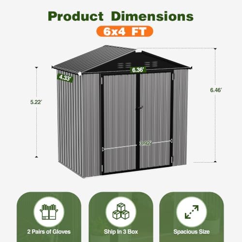 6 x 4 FT Outdoor Storage Shed, Waterproof Metal Garden Tool Shed with Gable Sloped Roof, Magnetic Light, Lockable Door & Air Vents for Backyard Patio Lawn, Gray - Image 2