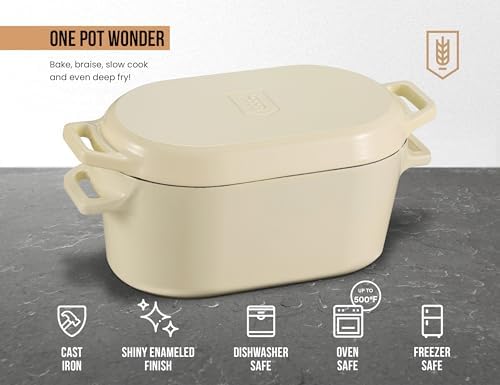Kook Oval Dutch Oven, for Bread Baking, Sourdough Loaf Pan, Dual Handles, Enameled Cast Iron, with Sling, Dishwasher Safe, 3.4 Qt, Ivory - Image 7