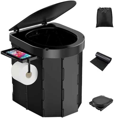 PAHTTO Portable Camping Toilet, Foldable Toilet for Adults with Detachable Phone Shelf and Toilet Paper Holder, Waterproof Porta Potty with Lid for Camping, Hiking, RV Travel, Road Trips by PAHTTO