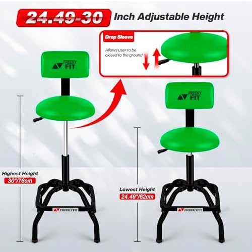 Shop Stool with Backrest, Mechanic Garage Stool for Workshop, Adjustable Shop Stools Chair, Padded Workbench Stools for Men Women, 300 LBS Capacity, 360° Swivel PVC Seat, Heavy Duty, Green - Image 2