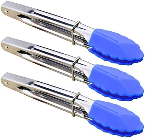 HINMAY Small Tongs with Silicone Tips 7-Inch Serving Tongs, Set of 3 (Blue) by HINMAY