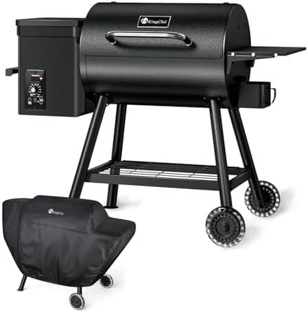 KingChii Electric Wood Pellet Grill & Smoker with Side Shelf, 456 SQ.IN Grill Capacity, with PID Temperature Control (180-425°F) for Backyard Camping Bake and Roast, Black with Cover by KingChii