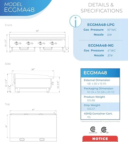Commercial Countertop Griddle, ETL 48" Flat Top Grill Natural Gas (NG) / Propane, 4 Burners - 120000 BTU - Image 3