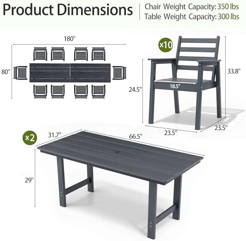 12-Piece Outdoor Dining Set, All-Weather HDPE Patio Furniture, Two 66.5" Slatted Table with 1.6" Umbrella Hole & 10 Ergonomic Armchairs, Heavy Duty 350lbs Capacity, UV Resistant, Gray - Image 3