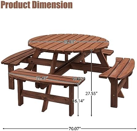 43.3'' Round Outdoor Dining Table Wooden Patio Dining Table & 4 Curved Built-in Bench for 8, 2" Umbrella Hole, Suitable for Backyard Garden Porch, Brown - Image 2