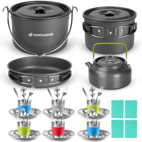 Odoland 39pcs Camping Cookware Mess Kit, Non-Stick Large Size Hanging Pot Pan Kettle with Base Dinner Cutlery Sets for 6 and More, Cups Dishes Forks Spoons Kit for Outdoor Camping Hiking Picnic by Odoland