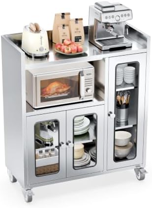 ROVSUN Stainless Steel Table with Cabinet & Wheels, 35.4" x 15.7" Commercial Kitchen Storage Cabinet for Pre Work with Glass Door, Large Storage Space for Kitchen Restaurant Garage Outdoor by ROVSUN