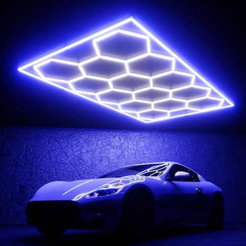 Hexagon Garage Lights, 14 Grids Hexagon LED Lights with Rectangle Frame, 603W 6500K Super Bright Honeycomb Light for Warehouse, Car Detailing Shop, Exhibition Hall, Gym(Blue) by WelcometovisitLitezone