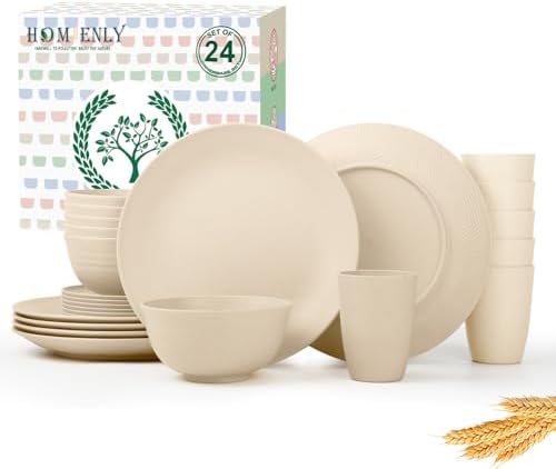 Homienly 24 PCS Premium Wheat Straw Dishes Set for 6, Reusable Plates and Bowls Sets,Cups,Lightweight & Unbreakable Dishwasher and Microwave Safe Dinnerware Sets for Kitchen,Outdoor- Beige by HOMIENLY