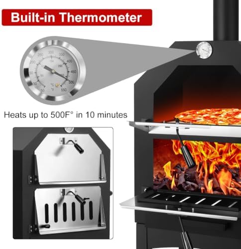 Outdoor Pizza Oven, Wood Fired Portable 550°F Pizza Maker with Stone, Peel, Grill Rack for Patio Backyard Camping,Black - Image 7