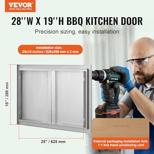 VEVOR Double Outdoor BBQ Kitchen Door, 28" W x 19" H Inch, Stainless Steel Flush Mount Vertical Door with Recessed Handles for Grilling Station - Image 2