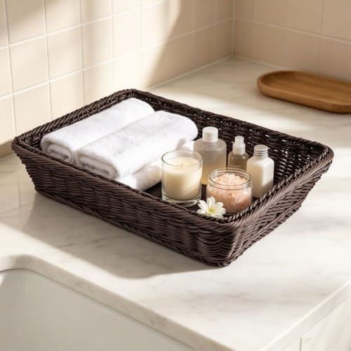 RT&BS 2pcs Wicker Bread Basket for Serving, Wicker Fruit Basket, Display Baskets for Vegetable Fruit, Reusable Handwoven Serving Baskets for Kitchen, Store, Restaurant, Outdoor (Coffee, M) - Image 6