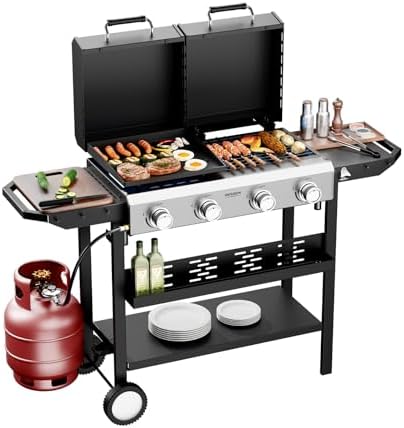 ROVSUN 2-in-1 Propane Gas Grill and Griddle Combo with Lid, 4 Burner Standing Flat Top Griddle & Grill with 40000BTU Output, Auto Ignition, Enamel Grate for Outdoor Backyard BBQ Cooking by ROVSUN