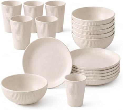 18PCS Wheat Straw Dinnerware Sets Unbreakable Reusable Dinnerware Set for 6, Microwave Dishwasher Safe Dinnerware for Outdoor Camping Dishes by Dotpilgo