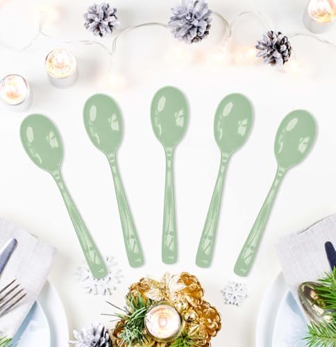 SietDESEO 50 PCS Sage Green Plastic Spoons Disposable Utensils Heavy Duty Sage Green Spoons Disposable Cutlery for Birthday Wedding Baby Shower Bridal Shower Plastic Silverware - Image 2