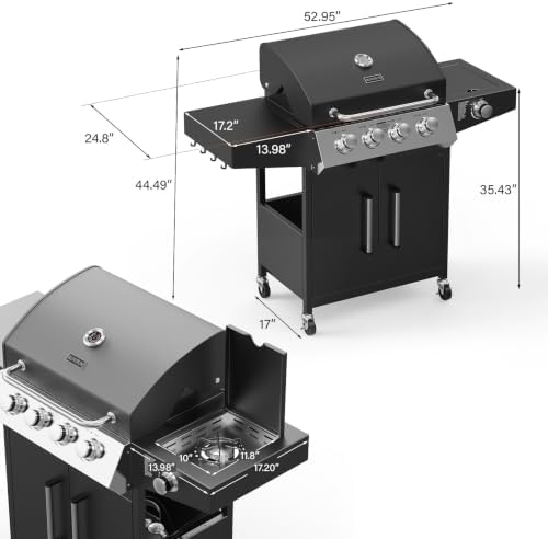 ROVSUN 4 Burner Propane Gas Grill with Side Burner, 58,000BTU BBQ Grills with Enameled Cast Iron Grates, Shelf & Cabinet for Outdoor Garden Patio Backyard Barbecue Cooking - Image 6
