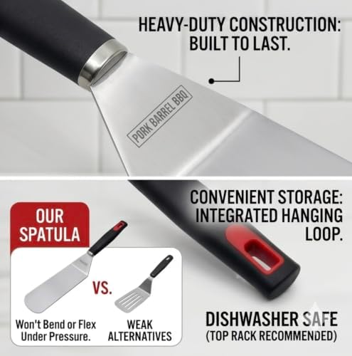 Pork Barrel BBQ Long Grill Spatula - Heavy Duty Stainless Steel Metal Spatula & Griddle Turner with Rubber Handle for Blackstone Griddle Accessories - Image 2