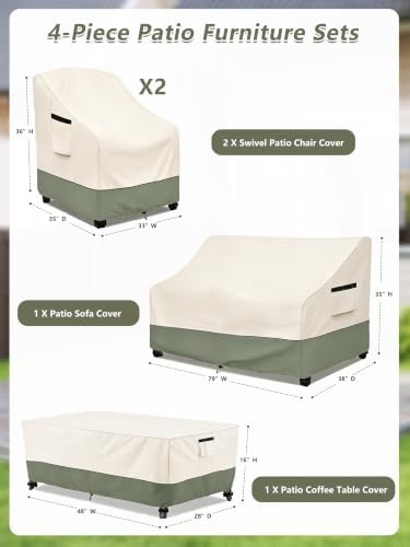 Rileytee Patio Furniture Cover Set, 600D Heavy Duty Waterproof 4-Piece Outdoor Furniture Covers, Fits Patio Loveseat, Chair and Coffee Table (White&Grayish Green,X-Large) - Image 2