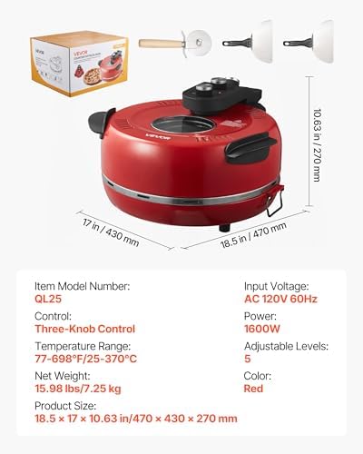 VEVOR 14 in Pizza Oven Indoor, XL Large Electric Pizza Maker, 1600W Home Compact Pizzas Cooker with Timer & Temp Knob, 5 Heating Level, Max 698 ˚F Countertop Oven with Cutter & Scraper, Retro Red - Image 7