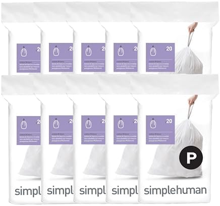 simplehuman Code P 200 Count Custom Fit Liners, Drawstring Kitchen Trash Bags, One-by-One Mess-Free Dispense, Extra Thick & Double Seamed, 50% PCR Plastic, 50-60 Liter / 13-16 Gallon, White by Unknown