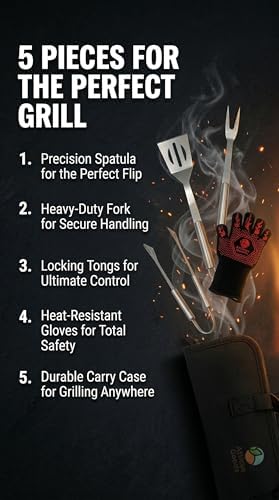 Stainless Steel Grill Set, 5 Piece Heavy Duty Barbecue Tools, BBQ Grilling Accessories Grill Kit with Tongs, Spatula, Fork, Gloves and Zippered Carry Bag, BBQ Grill Accessories - Image 3