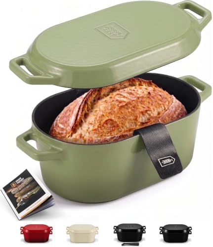 Kook Oval Dutch Oven, for Bread Baking, Sourdough Loaf Pan, Dual Handles, Enameled Cast Iron, with Sling, Dishwasher Safe, 3.4 Qt, Sage Ombre by Kook