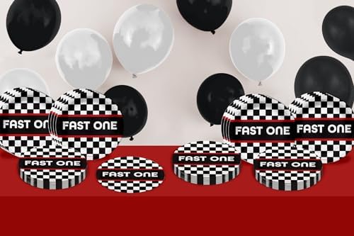 Fast One Racing First Birthday - 32 Piece Disposable Party Supplies - Decorations for Race Car Boy's 1st Birthday Round Party Plates - Large 9" Paper Plates In Bulk - Image 6
