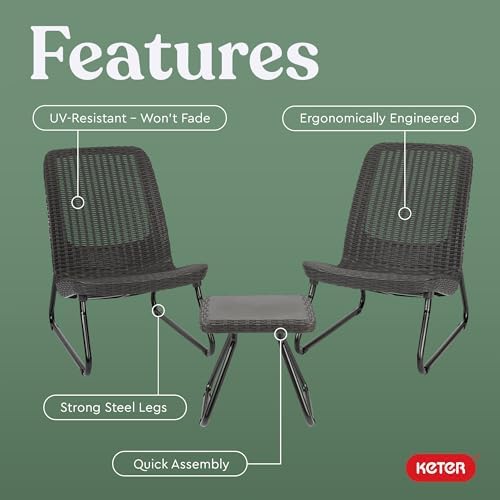 Keter Rio 3 Piece Resin Wicker Patio Furniture Set with Side Table and Outdoor Chairs for Front Porch and Backyard Decor, Dark Grey - Image 5