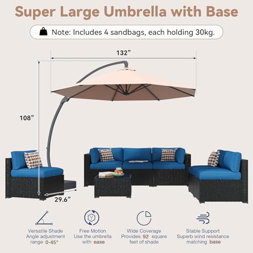 Aoxun Patio Furniture Set with Umbrella, 8 Piece Outdoor Sectional Sofas, Wicker Rattan Outdoor Furniture with Thickened Cushion for Backyard, Garden Navy Blue - Image 5
