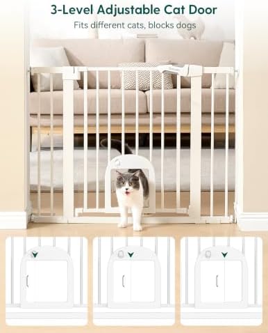 Babelio Dog Gate with Adjustable Cat Door, CatPrivilege III, 29-43", White - Image 3