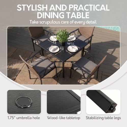 5-Piece Patio Dining Set for 4, Outdoor Dining Set with 4 Wicker Patio Dining Chairs with Cushions & 1 Black Square Woodgrain Dining Table with 1.75" Market Umbrella Hole, Black & Brown - Image 7