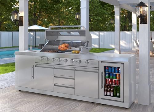 KoolMore Reserve Outdoor Kitchen Island with 6 Burner Grill and a Side Burner, Sink, Storage Cabinet and Beverage Refrigerator, CSA Listed in Stainless-Steel - Image 4