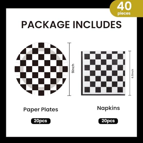 40Pcs Race Car Party Supplies Paper Plates and Napkins, 9 Inch Disposable Black White Checkered Flag Plates and Napkins for Race Car Birthday Party Decorations (Checkered) - Image 2