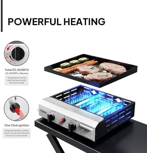 ROVSUN 2 Burner Foldable Propane Griddle with Wheels & Enameled Tray, 20000 BTU Portable Flat Top Gas Grill with Electronic Ignition & Regulator for Outdoor Cooking Camping BBQ Tailgating Picnicking - Image 2