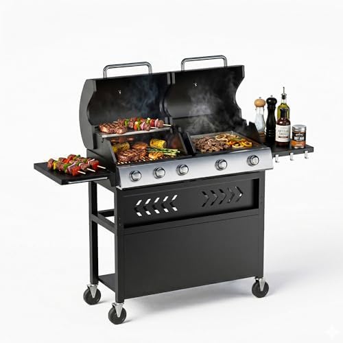Garvee 5 Burner Propane Gas Grill Griddle Combo with Porcelain Enamel Cast Iron Grate & Cast Iron Pan – Dual BBQ Grill with Flat Top Griddle, 40,000 BTU Large Outdoor Gas Grill for Backyard Kitchen by Garvee