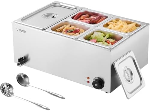 VEVOR 24QT Commercial Food Warmer, 5-Pan Electric Steam Table, 1200W Professional Countertop Stainless Steel Buffet Bain Marie with 86-185°F Temp Control for Catering, Buffet, Parties, Restaurants by VEVOR