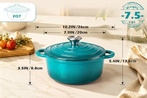 Leonyo 2-Quart Small Enameled Cast Iron Dutch Oven Pot with Lid, Lake Green - Image 2