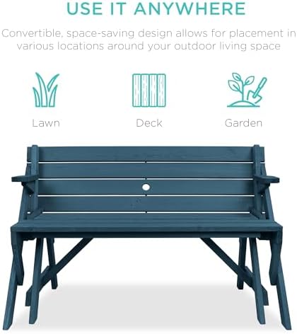 Best Choice Products 2-in-1 Transforming Interchangeable Outdoor Wooden Picnic Table Garden Bench for Backyard, Porch, Patio, Deck w/Umbrella Hole - Harbor Blue - Image 4